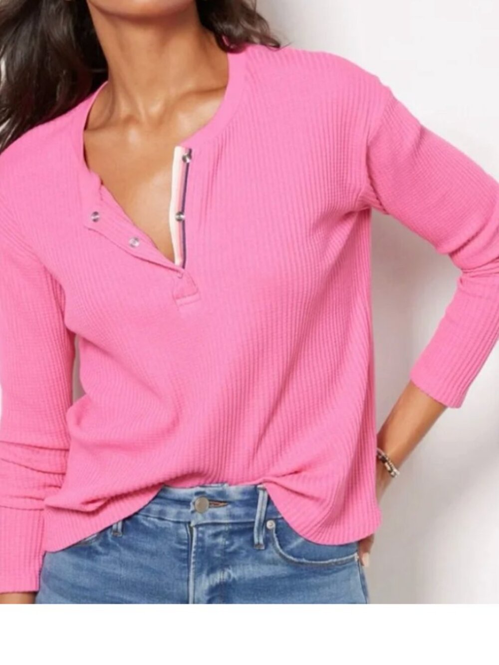 SUNDRY Evereve Size 2 Thermal Stripe Trim Snap Henley Top Pullover Pink